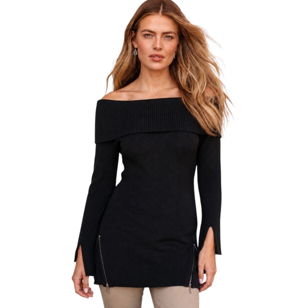 Marled by Reunited Medium Black Ribbed Knit Off-the-Shoulder Sweater Tunic NWT